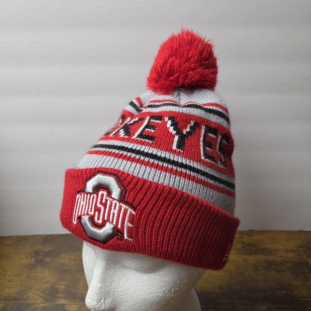 Ohio State Buckeyes New Era Knit Pom Beanie Hat Red Gray Spellout Cuffed Winter